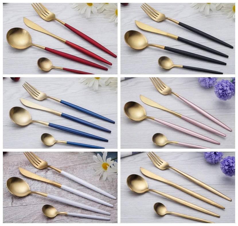 Wedding Flatware Dinner Fork Knife Spoon Gold Silver Cutlery With White Handle