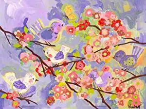 Oopsy daisy cherry blossom birdies lavender and coral stretched canvas wall art by winborg sisters, 24 by 18-inch by Oopsy Daisy