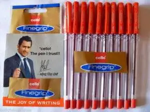 10 X Cello Fine Grip Non-stop Writing Ball Point Pen RED Ink Writing Ballpoint Pen # Brand Ad By Indian Cricketer Mahindera Singh Dhoni