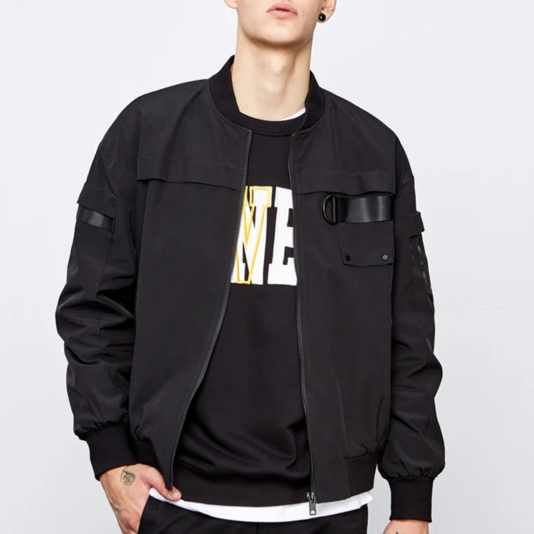 Baseball Style 100 Polyester Side Pocket Zipper Black Bomber Jacket