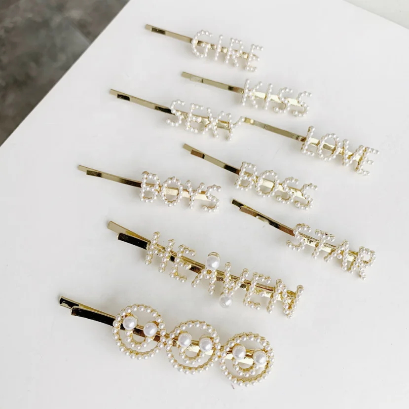 Hot Korean Ins Pearl Hair Pin Letter Hairpin In Golden Customized ...