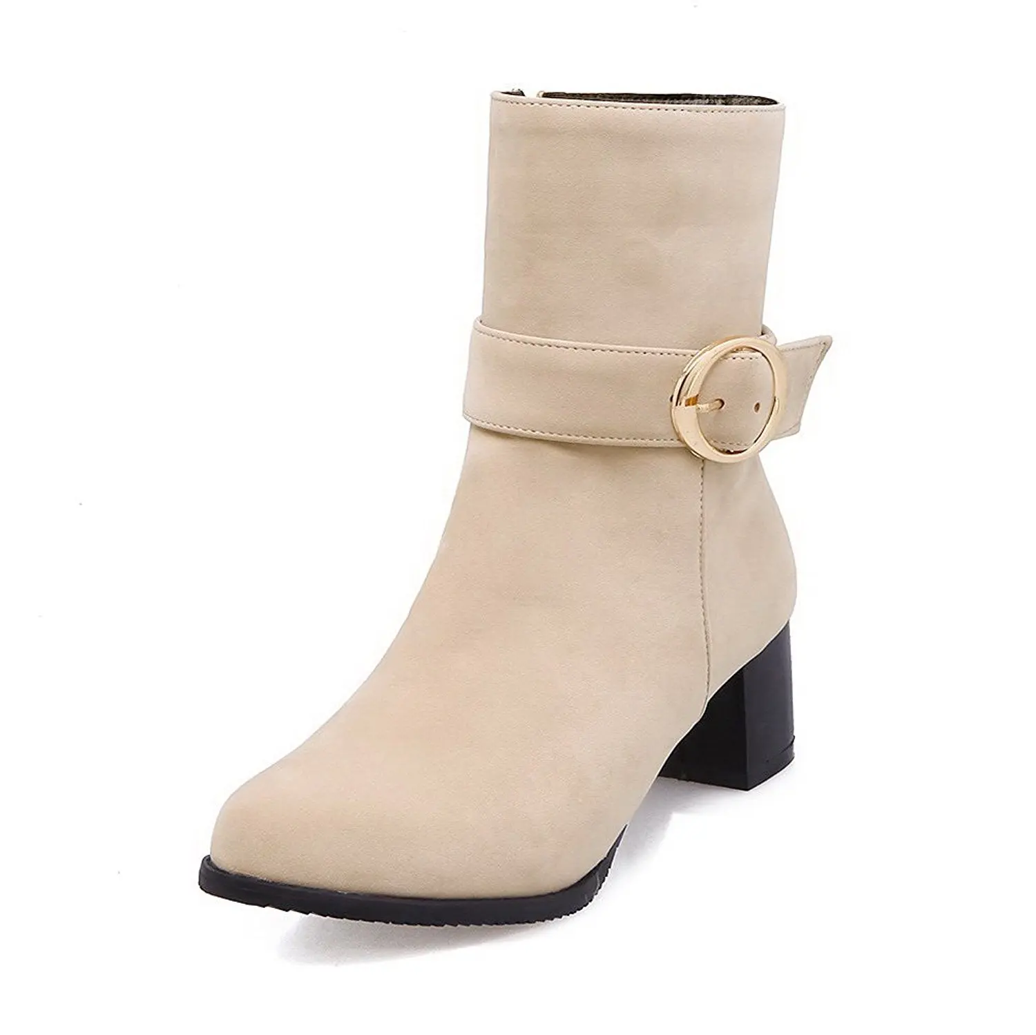 AmoonyFashion Womens Low-top Solid Zipper Round Closed Toe Kitten-Heels Boots
