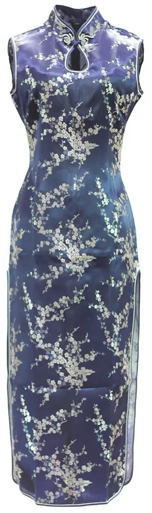 7Fairy Women's Vtg Navy Blue Keyhole Long Cheongsam Chinese Dress