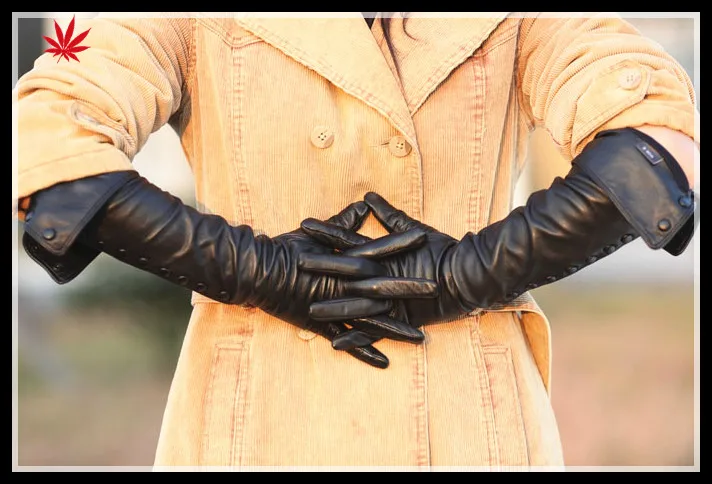 Women buttons opera long luxury soft genuine sheepskin leather gloves