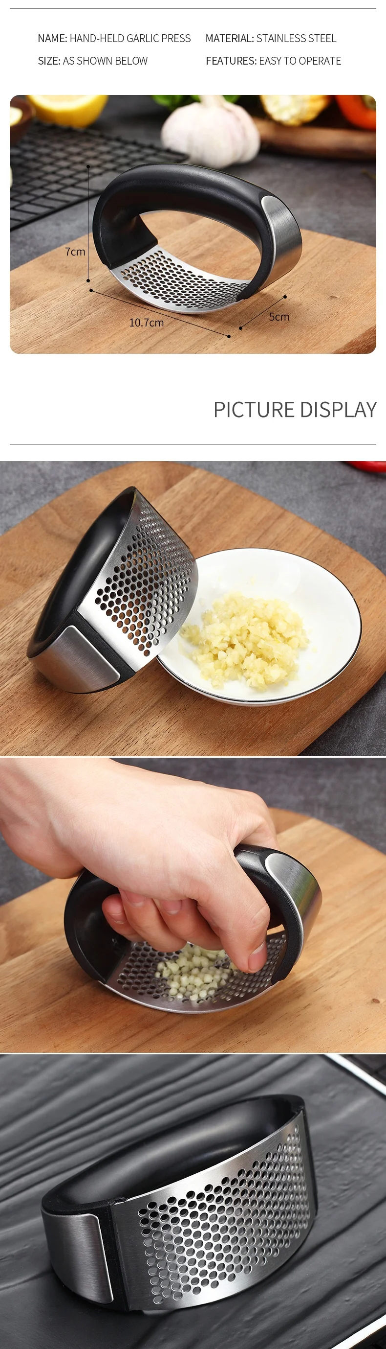 Good Quality Kitchen Accessories Food Grade 304 Stainless Steel Ginger Chopper Garlic Crusher Vegetable Tools Garlic Press