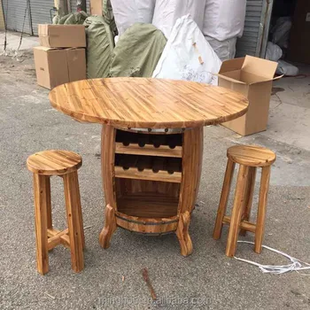 Factory Customized Timber Bar Barrel Table With Four Chairs Wood