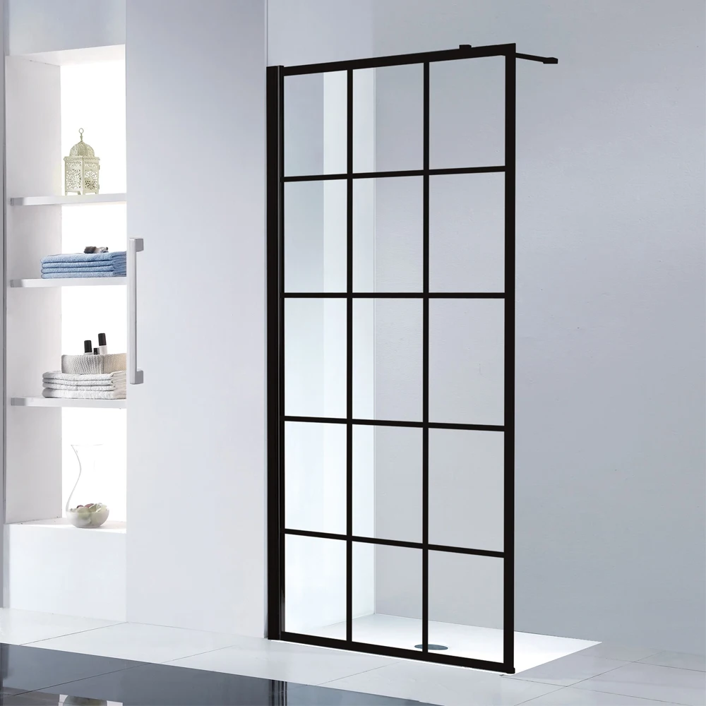 hangzhou factory walk in shower door matt black shower screen with black pattern glass