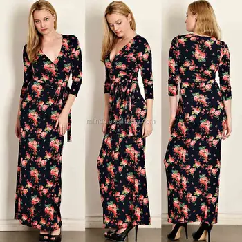 Welp Floral Print Jersey Knit Wrap Maxi Dress Muslim Long Sleeve Maxi GD-15