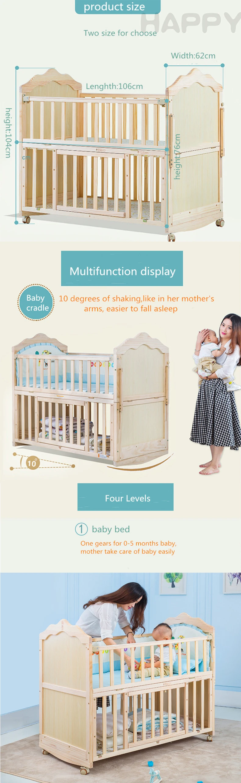 Beautiful Solid Baby Cribs/baby Rocking Cribs Can Easily Converts Into