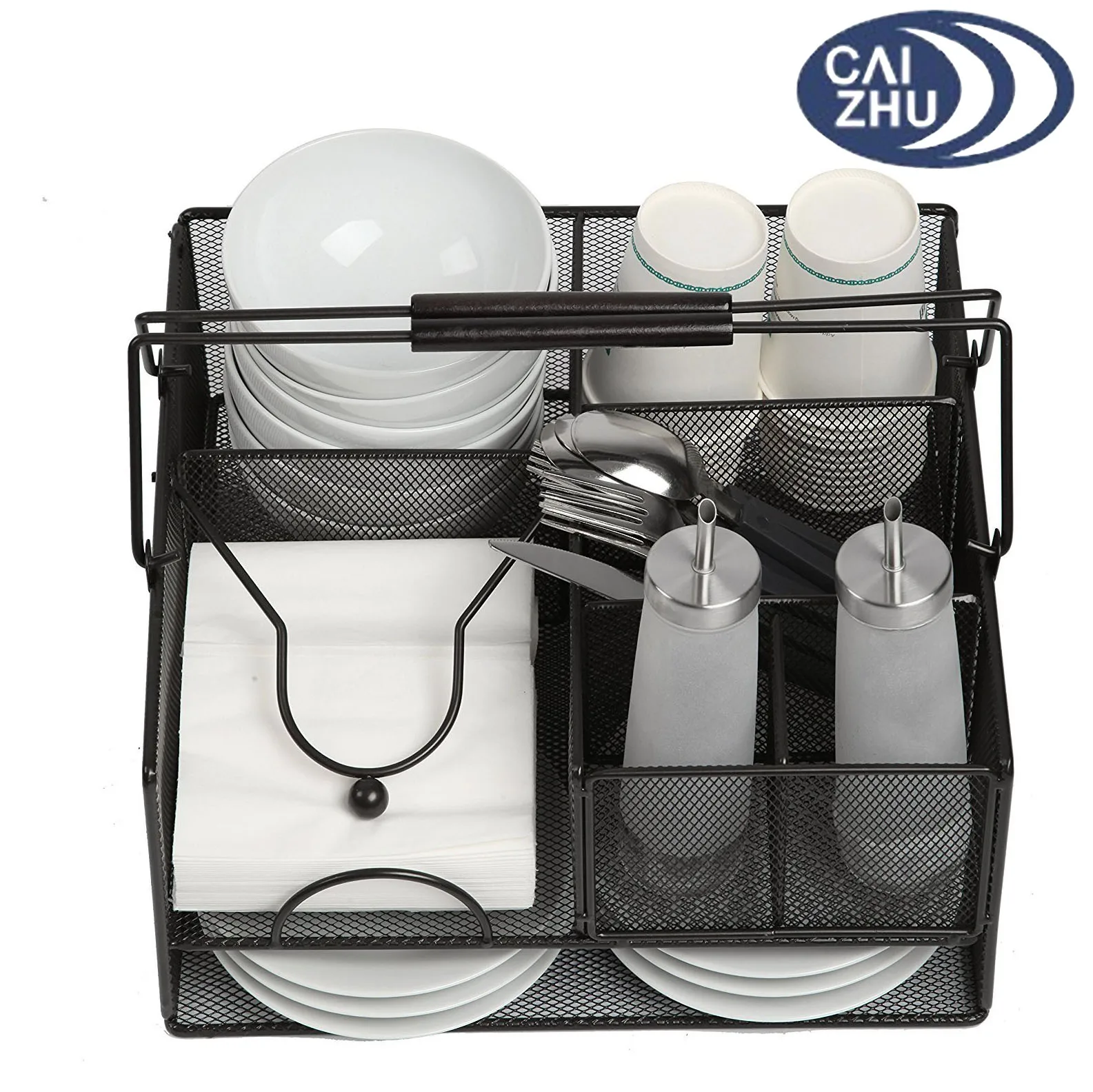 Steel Mesh Picnic Caddy Metal Tabletop Organizer For Silverwares