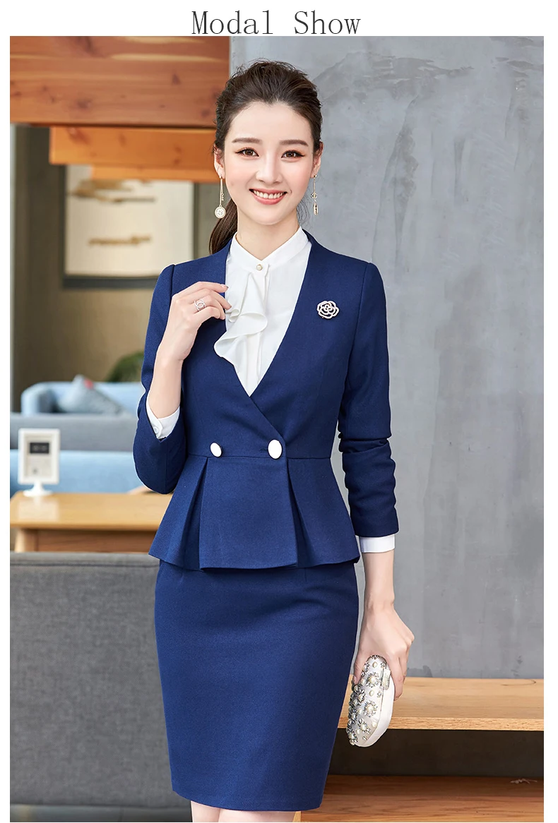 Elegant Ladies Suits Custom Blue Skirt Airline Stewardess Uniform ...