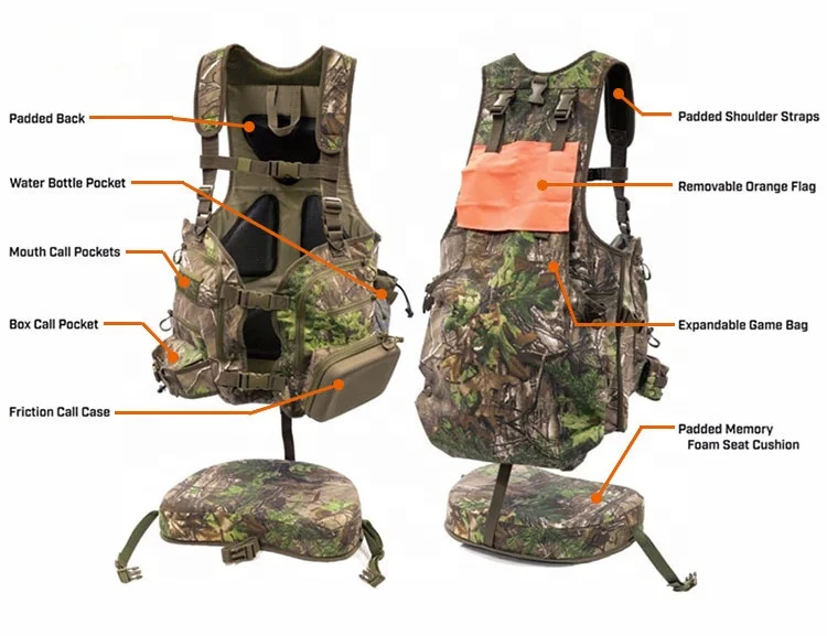 10+pockets Realtree Camo Hunting Vest With Seat Cushion Orange Safety