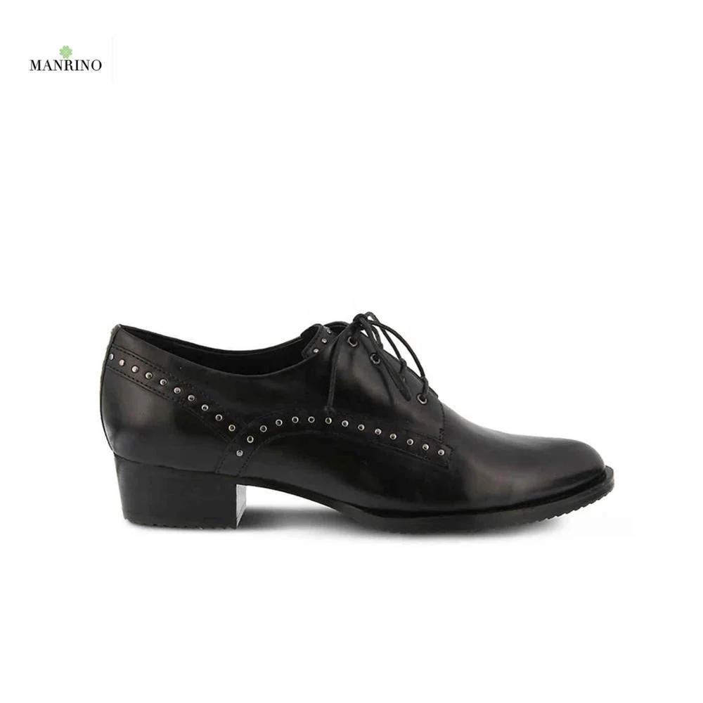 
MANRINO-0168 Hand Made Real Leather Studs Decor Oxford Casual Unit Rubber Sole Lace Up Women Office Dress Shoes For Office Lady 
