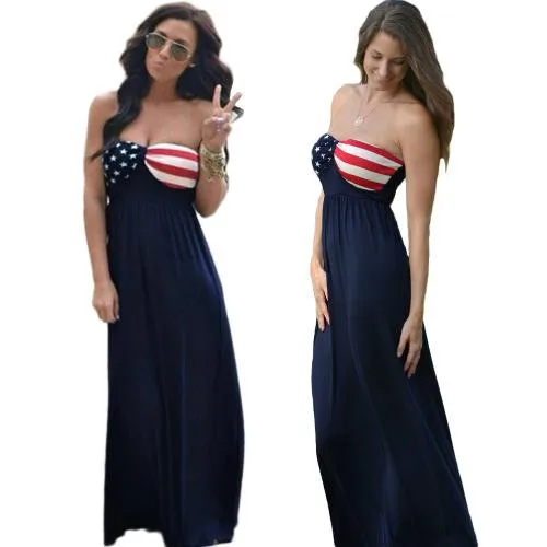 Femmes Maxi Robe Bustier Imprimé Drapeau Américain Décolleté Chérie Taille élastique Robe De Plage Dété Bleu Buy Femmes Maxi Robe Bustier Drapeau