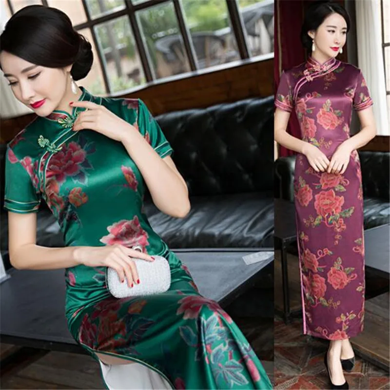 Abito tradizionale cinese cheongsam a maniche corte in seta floreale a tutta lunghezza