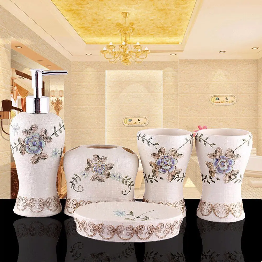 YanCui@ Home Decor, Bath Ideas, Home Gift Bathroom wash set Five piece bathroom set mug resin bathroom Bathroom Suite,1