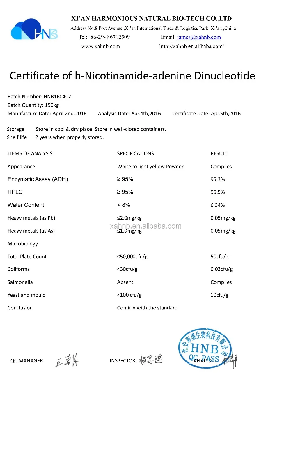 HNB factory supply b-Nicotinamide-adenine Dinucleotide Reduced NADH CAS No 606-68-8