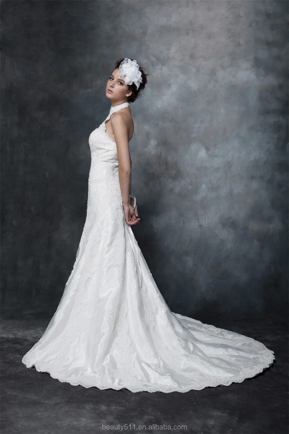 鞘笼头颈部花边塔夫绸婚纱 as29602