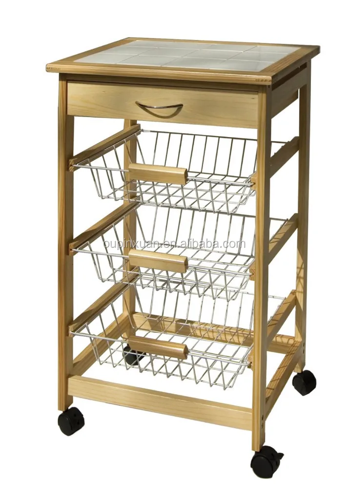 Foldable Kitchen Food Cart Bamboo Kitchen Trolley With Basket And