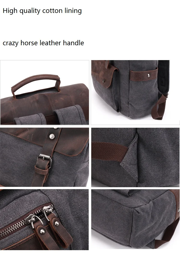 Retro 16Oz Washed Canvas Design Daily Use Durable Crazy Horse Leather Backpack Rucksack Back Pack Bag
