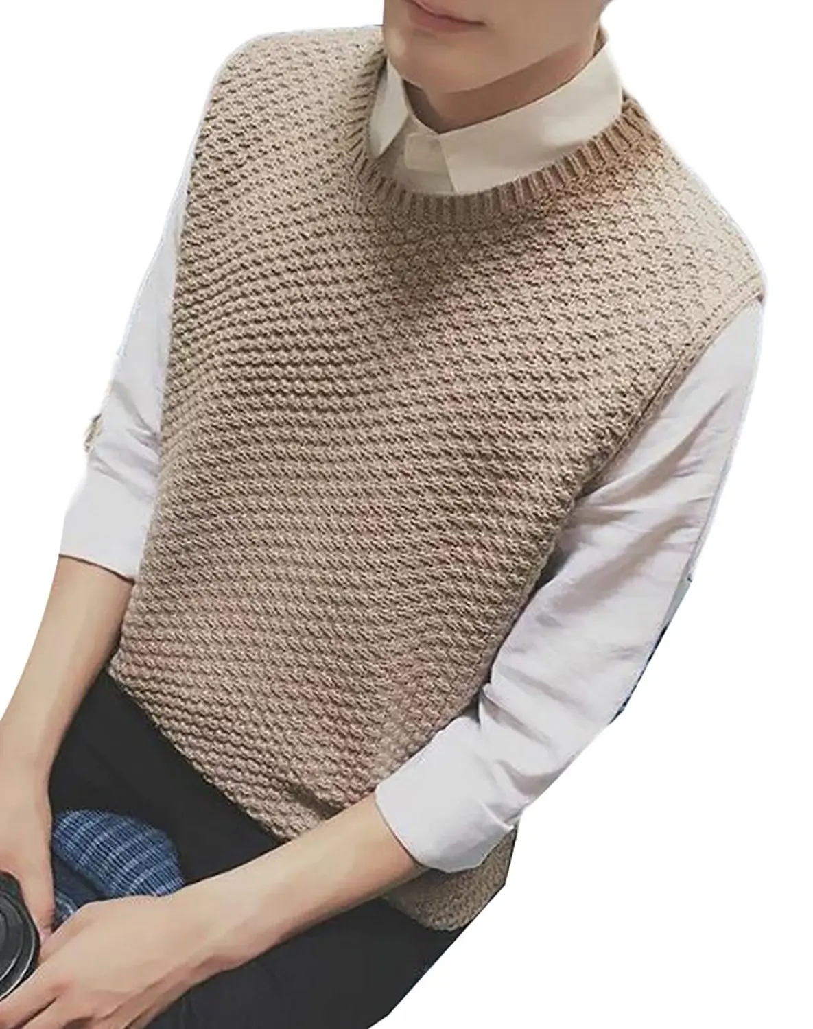 FLCH+YIGE Mens Basic Slim V-Neck Argyle Pattern Button Down Knit Vest Cardigan