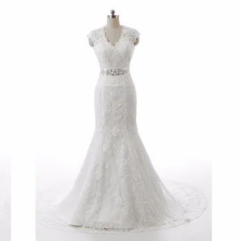 Top Sale Queen Anne Neck Lace Applique Designer Trumpet Bridal