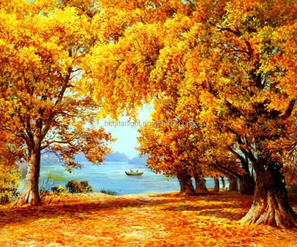 Musim Gugur Musim Pohon Daun Danau Perahu Penuh 3d Seni Lukisan