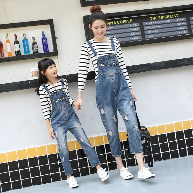 In Stock Korea Style Blue Color Washed Parents Children Overalls Jeans