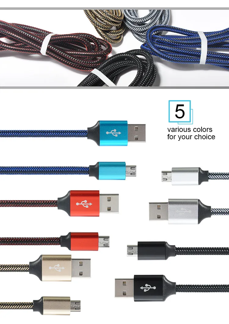 High quality 1m 2m 3m micro usb charger cable, braided micro usb data line for samsung cable