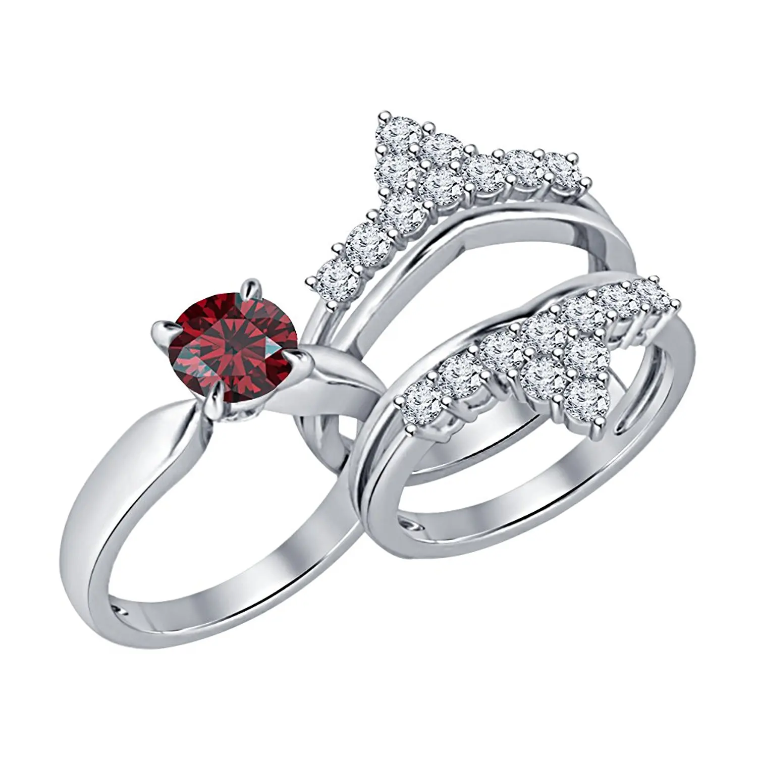 SVC-JEWELS Round Cut Red Garnet 14K Rose Gold Plated Rose Tiara Princess Ring