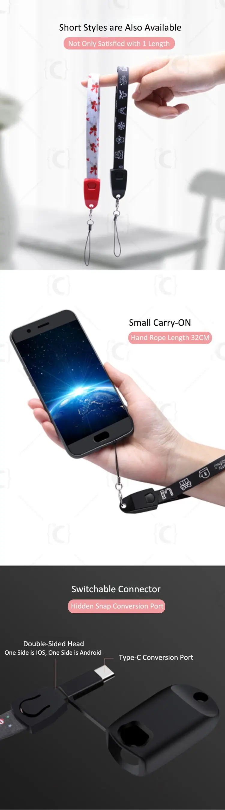 Lanyard Mobile Phone Dual Sided Type C Micro USB Data 3 in 1 Charging Cable with Custom Logo - ANKUX.COM