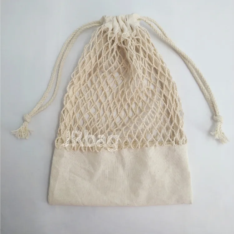 Mesh Produce Grocery Storage Shopping Bag New Design Drawstring Cotton 100% Cotton 1 Side Cotton Cord with Adjustable Buckle