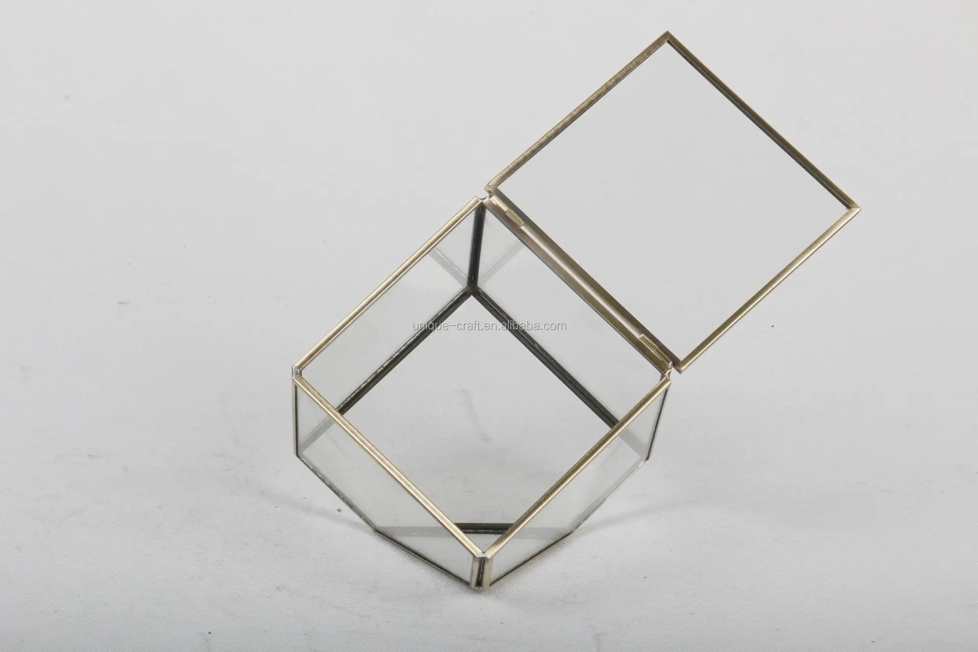4 Inch Antique Brass Copper Small Glass Geometric Cube Terrarium Supplies with Hinged Door
