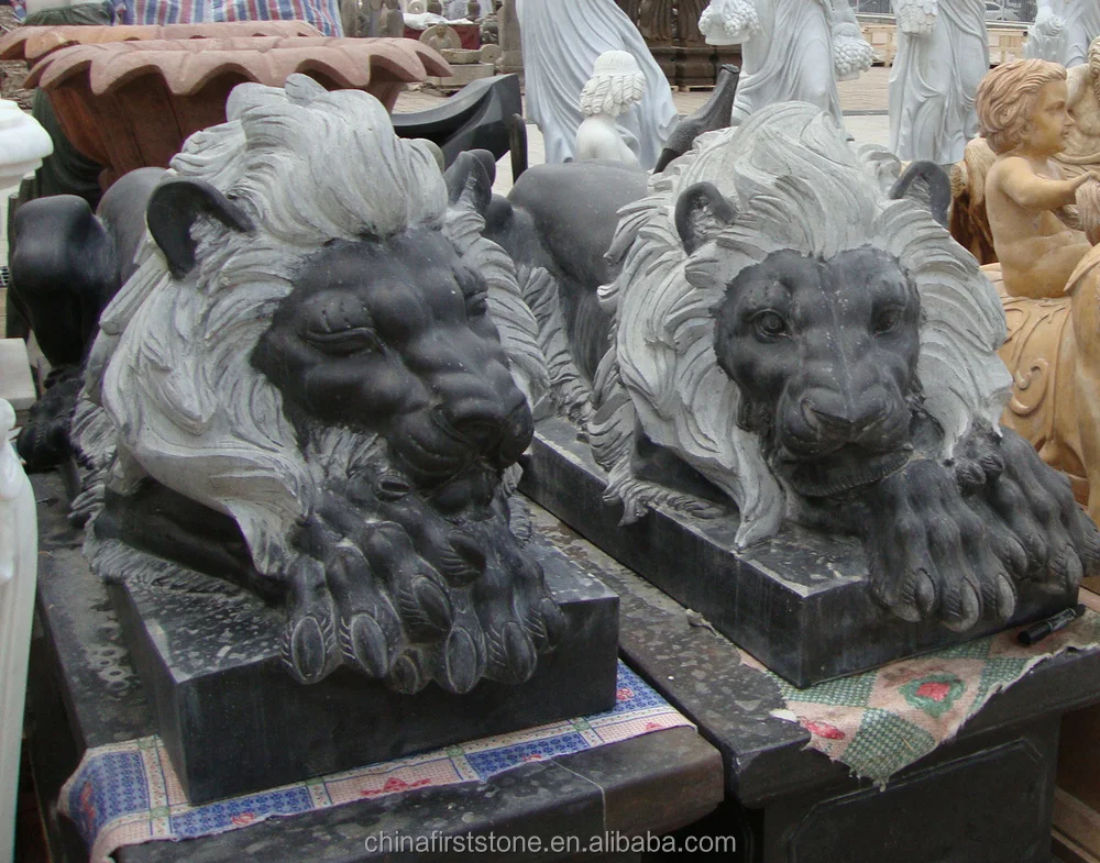 Black Marble Outdoor Lying Down Antique Stone Lion Sculpture