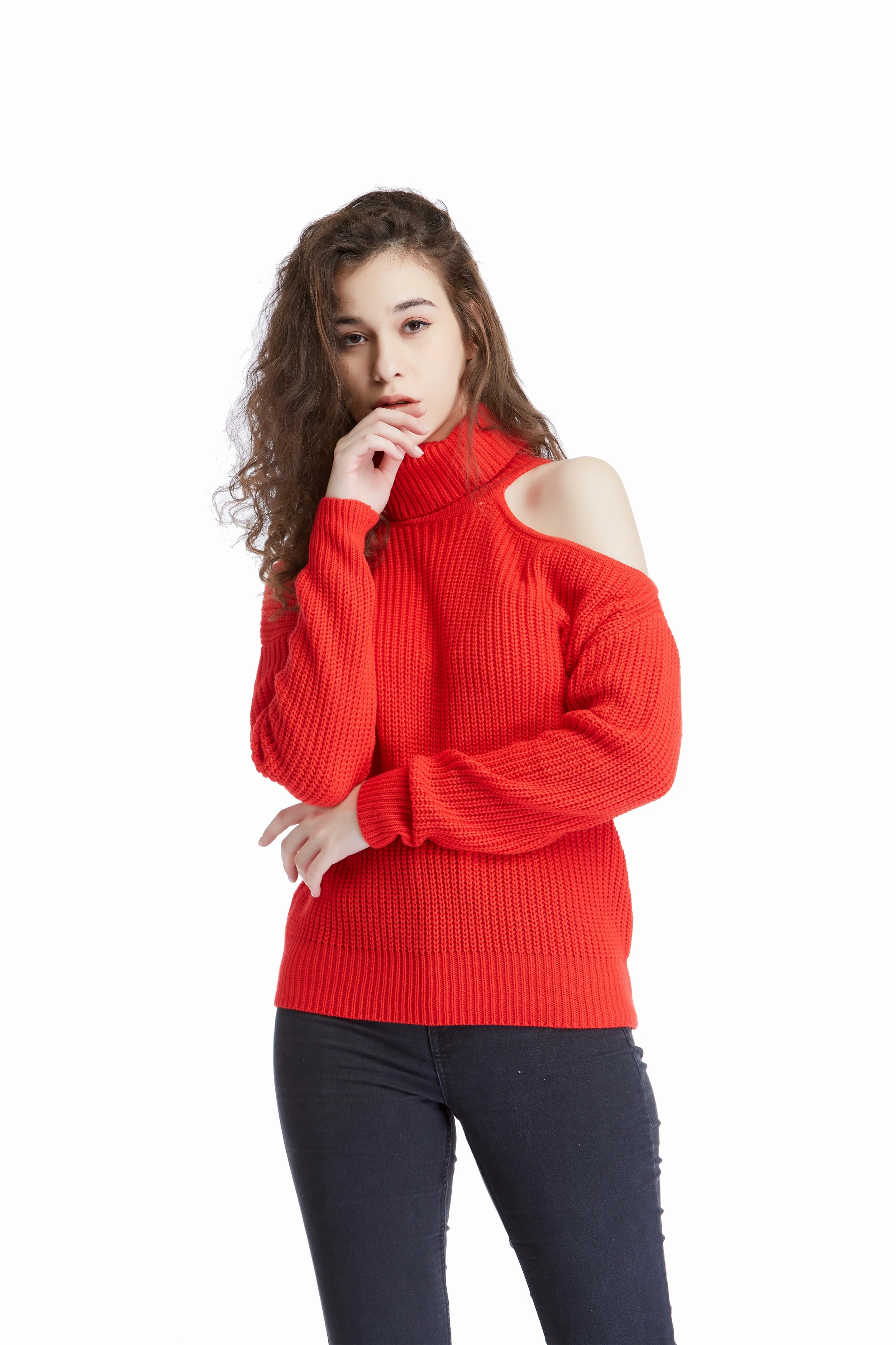红色适合日常生活 oem 服务最流行的冷肩毛衣高领针织长袖套头衫为