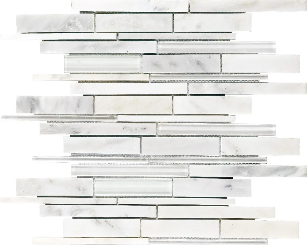 Strip cararra white marble mix super white glass wall mosaic