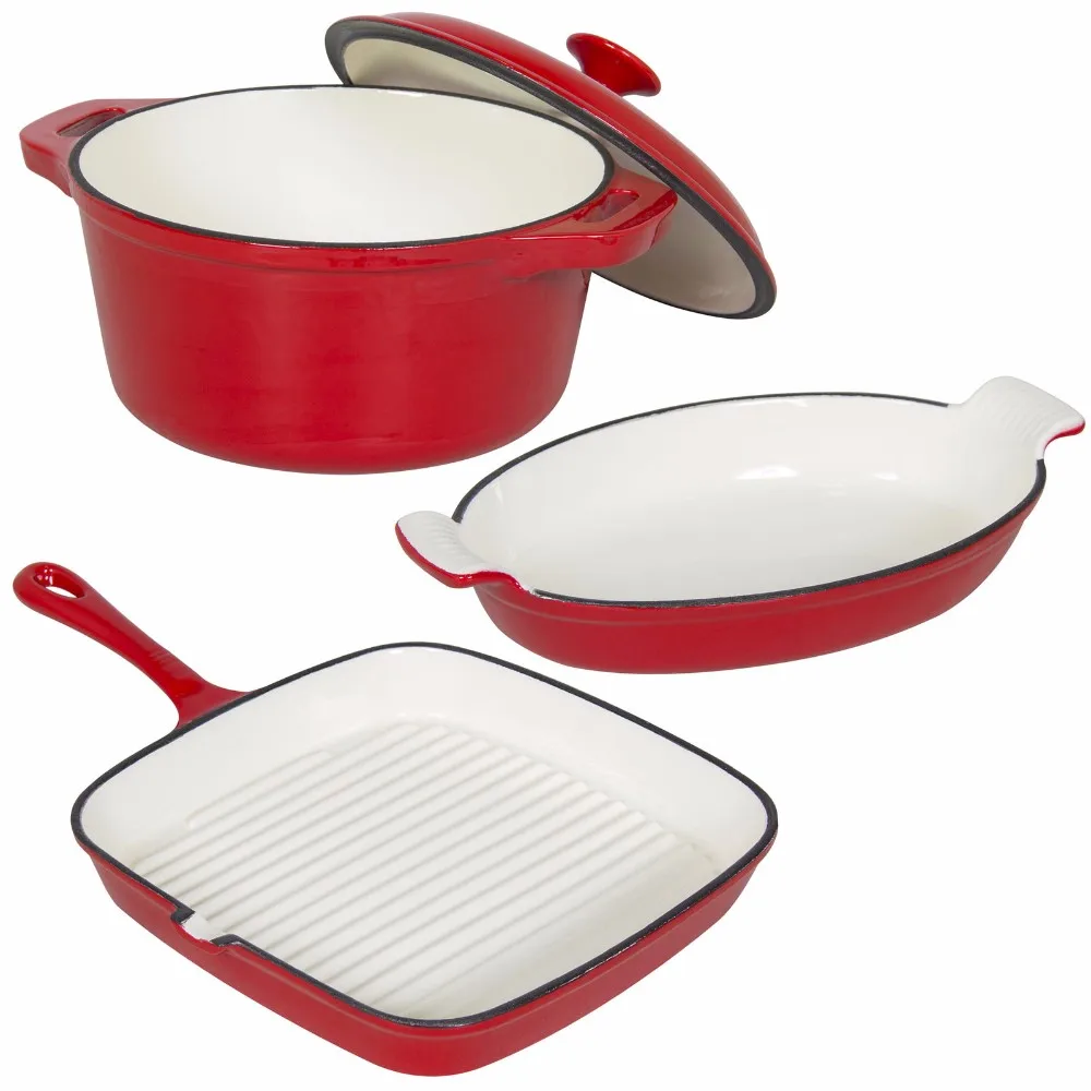 Cast Iron Dishes Set Of 3 Casserole,Gratin And Griddle Set Oven To