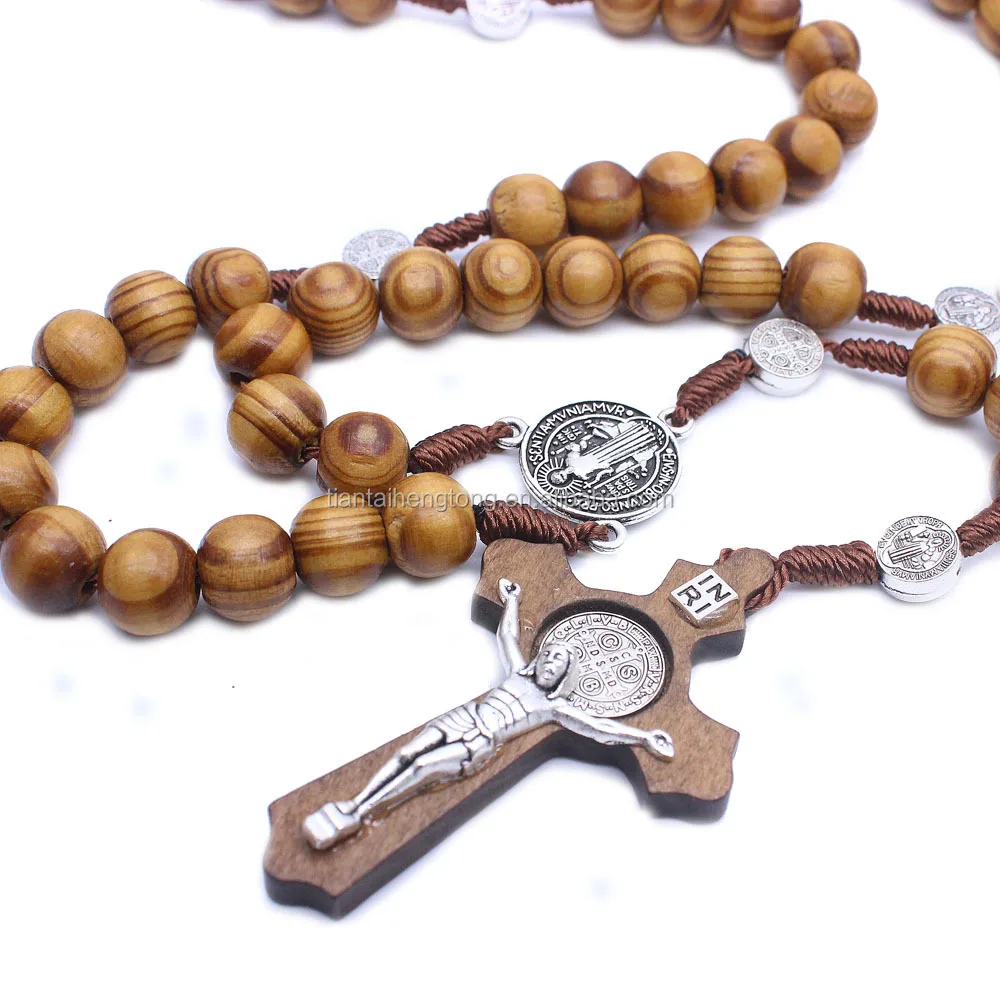 Catholic Pine Wood Rosary Necklace With Handmade Cross And Benedict ...