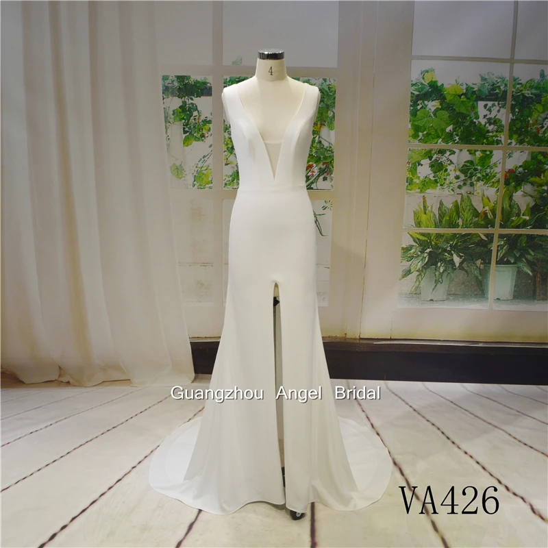 Sexy Satin Real Sample Deep V Neck With Slit Mermaid Wedding Gown