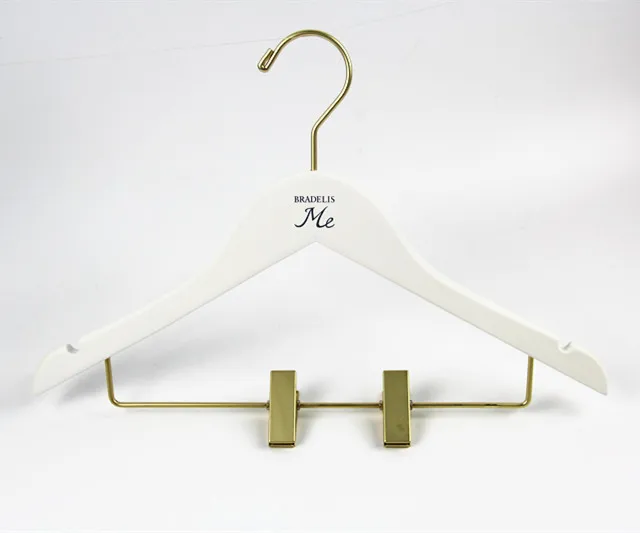 Fashion White Wood Hanger With Matte Gold Color Metal Hook And Clips