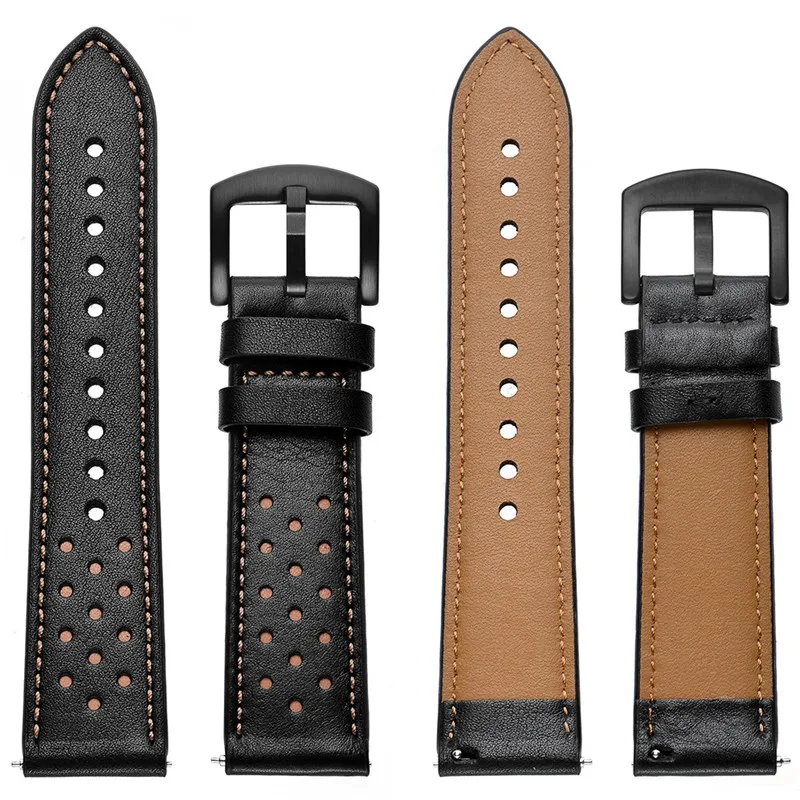 20mm 22mm Black Brown Holes Genuine Leather Watchband For Samsung