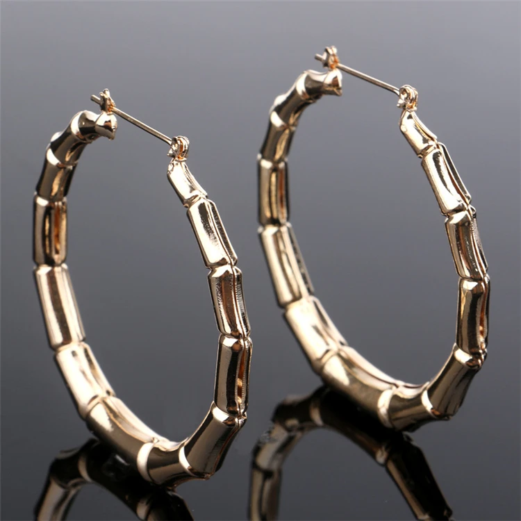 European 18k Gold Plated Bamboo Hoop Earring Silver Gold Large
