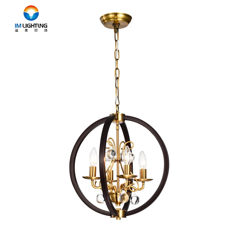 New Lantern 4 Arms 110-240V Pendant Lighting Gold Globe Chandelier Wrought Iron Crystal Light