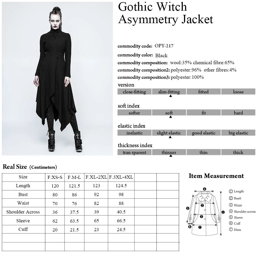 OPY-217 Punk Rave Women's gothic black asymmetrical standing collar long jacket