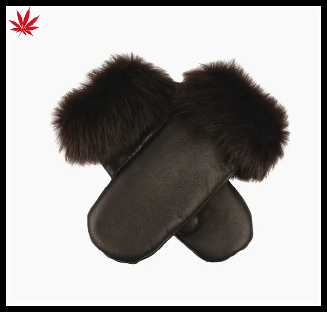 Ladies wholesale leather and fur leather mittens gloves