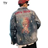 3D Print men's fashion denim jacket paint spraying pattern boys ripped holes thick oversize jackets