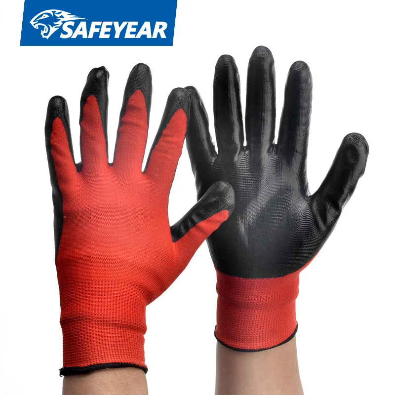 Industrial Red Nitrile Coated Gloves With Nylon Liner For Construction
