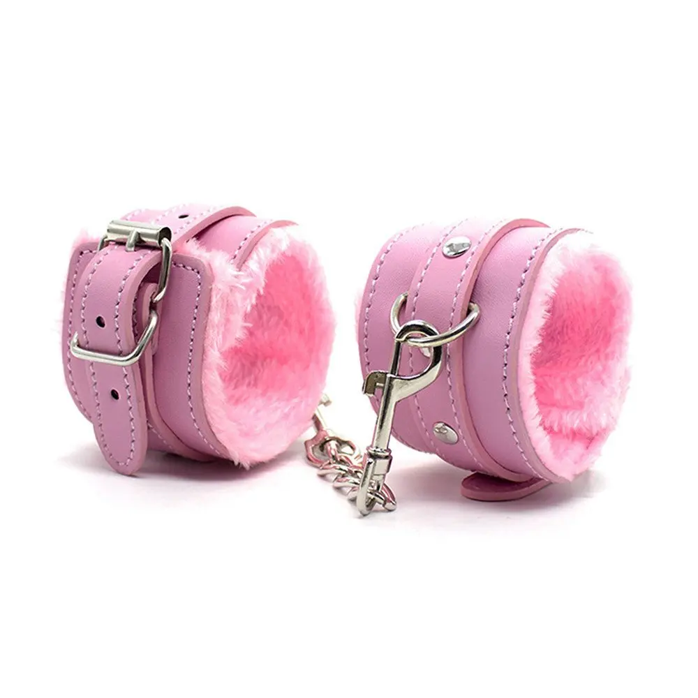 Leather Fuzzy Comfortable Handcuffs Restraints Bondage Flirting Wrist Cuffs for Couples Pink