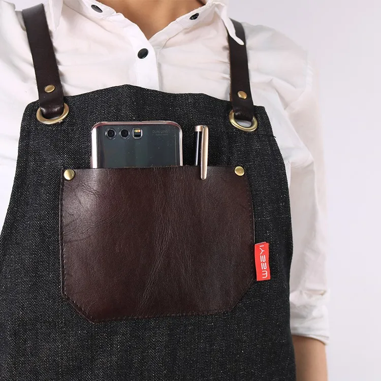 Changrong Custom Black Mens Bartender Uniform Apron Leather Strap Apron Denim Apron With Pockets