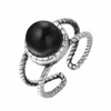 Fancy Jewelry Big Natural Round Black Stone Finger Ring Unisex Best Friendship Gift Double Twisted Rope Open Ring